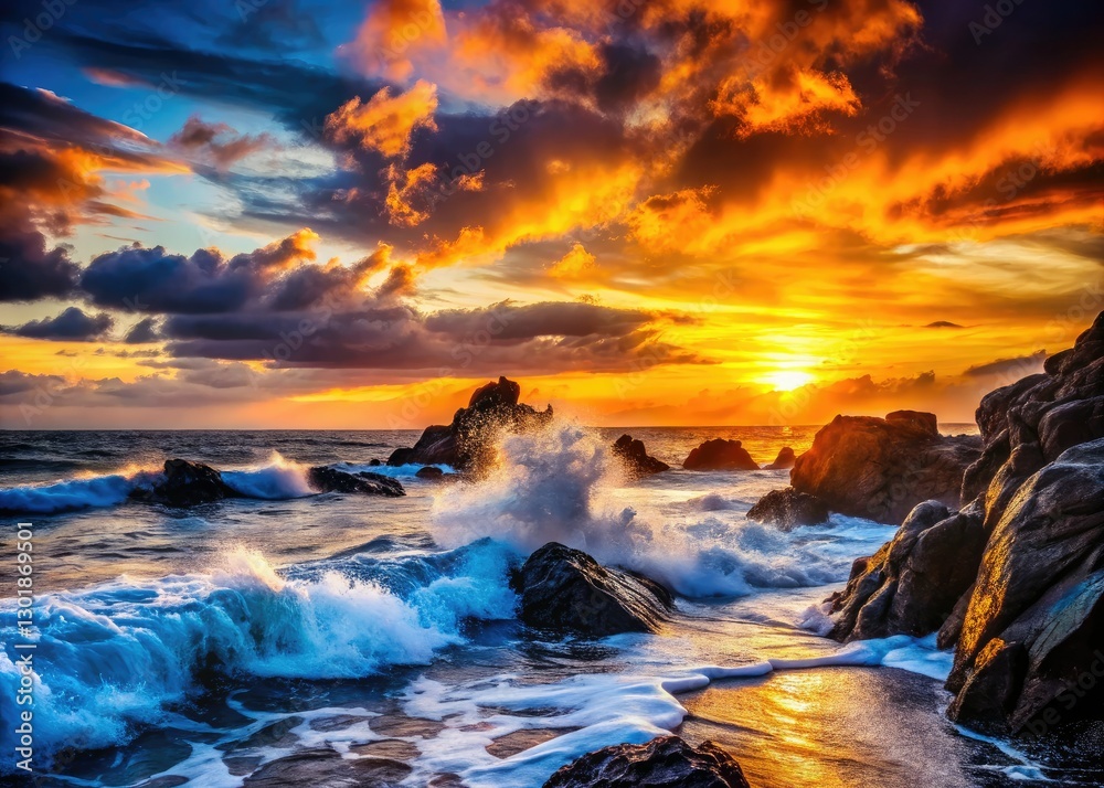 Fototapeta premium Ocean waves crash dramatically on rocks, silhouetted against a fiery sunset.
