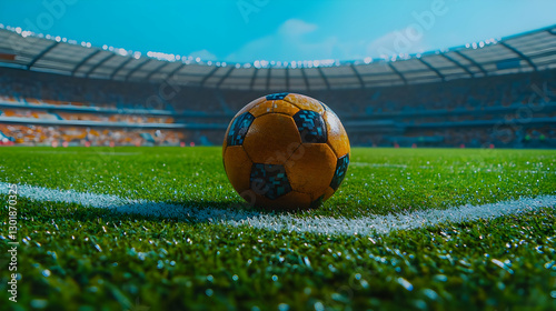 3D Illustration Soccer Ball on Field Stadium, Fans, Goal, Sport
