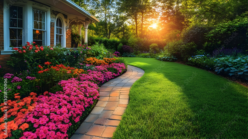 Fototapeta premium Colorful Garden Path With House In Background