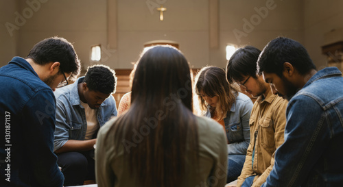 Diverse group of young adults in prayer gathering inside a church