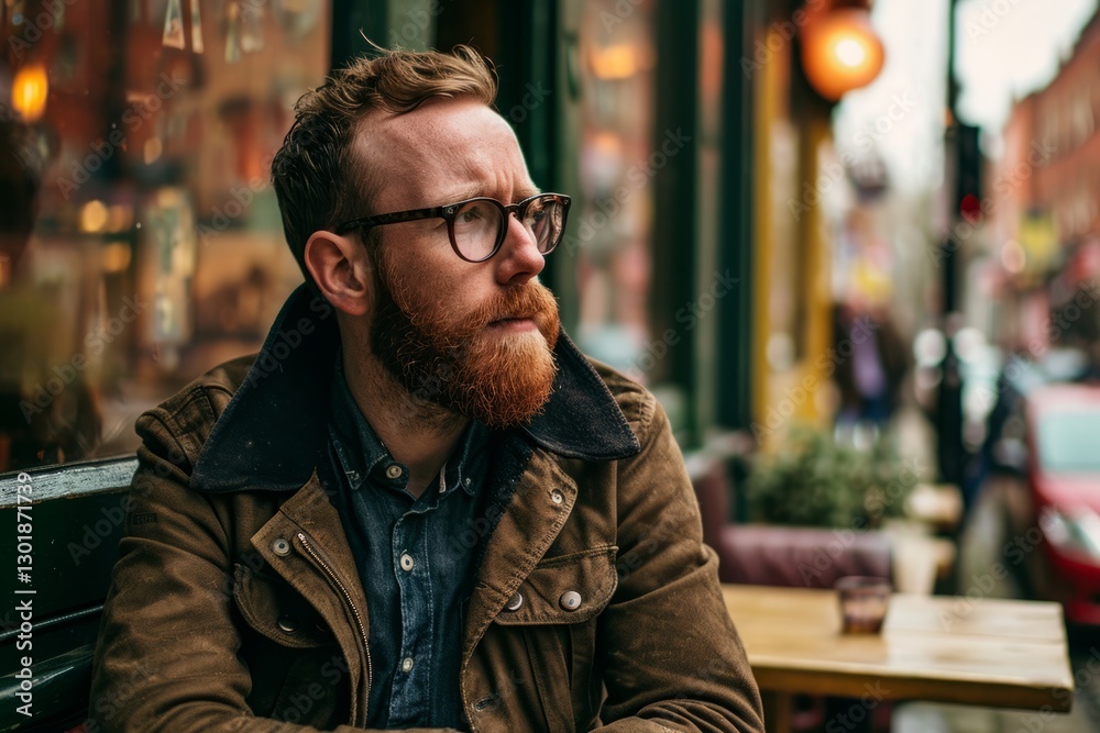 Portrait of a handsome man with long red beard and mustache wearing a brown jacket and glasses sitting on a bench in a street cafe Portrait of a handsome man with long red beard and mustache wearing a brown jacket and glasses sitting on a bench in a street cafe