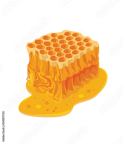 Honeycomb and honey puddle isolated on white background stock illustration