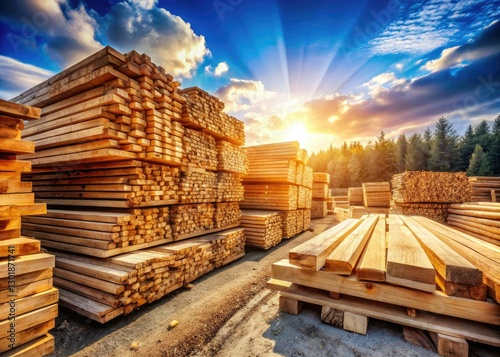 Ready-to-build stacked lumber delivered. Wholesale and shipping options available from our timber yard. Forestry products, wood piles.