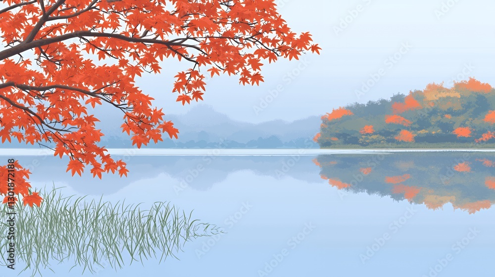 Serene Autumn Lake Reflection with Red Maple Leaves Serene Autumn Lake Reflection with Red Maple Leaves