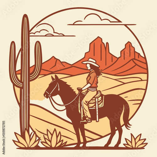 vector a western cowgirl on horseback standing at a desert landscape, cacti, desert flowers, and  mountains, during sunset,  for a t-shirt design