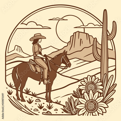 vector a western cowgirl on horseback standing at a desert landscape, cacti, desert flowers, and  mountains, during sunset,  for a t-shirt design