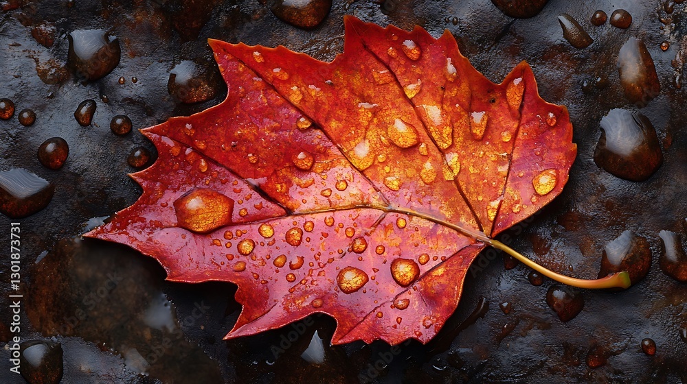 Autumn leaf with water droplets on dark ground Autumn leaf with water droplets on dark ground
