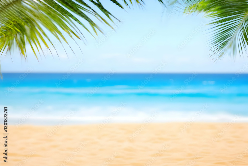 Obraz premium Blurred Background Image - Tropical Beach, Ocean, Sand, Palm Trees