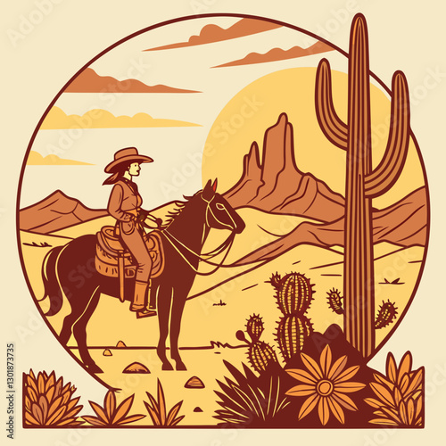 vector a western cowgirl on horseback standing at a desert landscape, cacti, desert flowers, and  mountains, during sunset,  for a t-shirt design