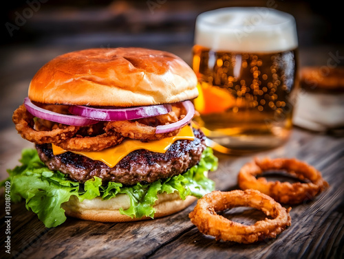 Photo Hamburger, Beer, Onio...