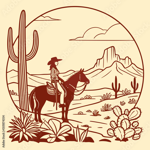 vector a western cowgirl on horseback standing at a desert landscape, cacti, desert flowers, and  mountains, during sunset,  for a t-shirt design