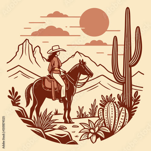 vector a western cowgirl on horseback standing at a desert landscape, cacti, desert flowers, and  mountains, during sunset,  for a t-shirt design