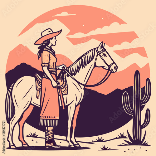 vector a western cowgirl on horseback standing at a desert landscape, cacti, desert flowers, and  mountains, during sunset,  for a t-shirt design