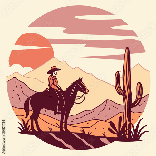 vector a western cowgirl on horseback standing at a desert landscape, cacti, desert flowers, and  mountains, during sunset,  for a t-shirt design