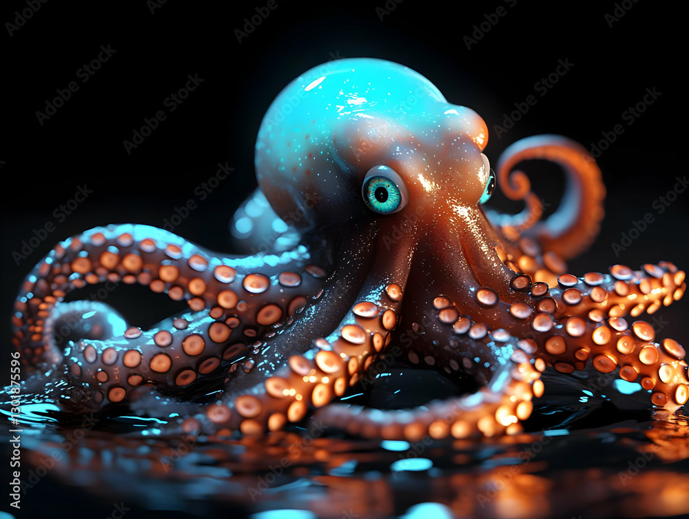 Obraz premium 3D Illustration Glowing Octopus Tentacles Ocean Marine Life