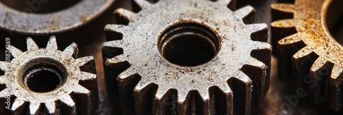 Close-up view of various metallic gears showcasing intricate details and textures, ideal for industrial themes