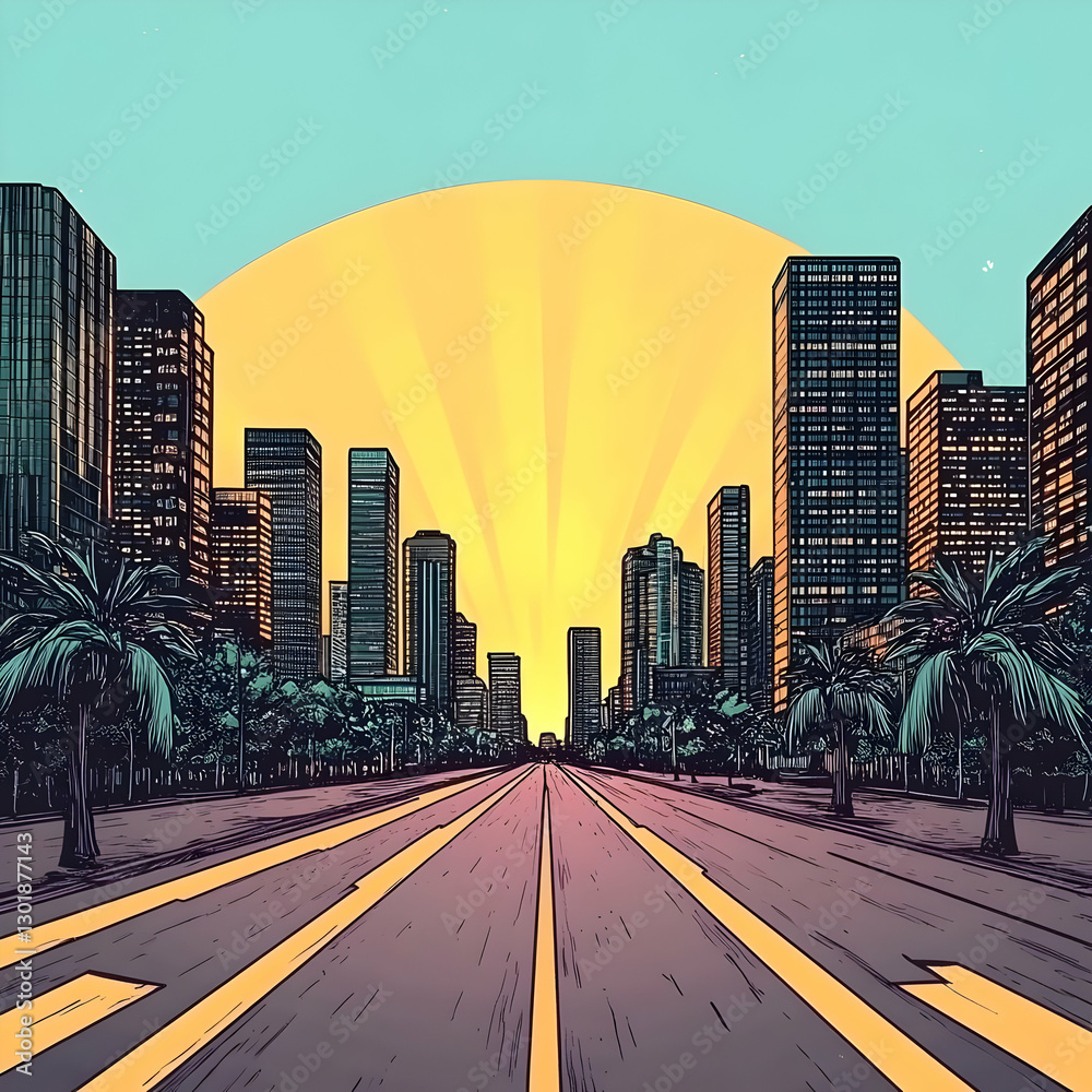 Fototapeta premium Illustration Cityscape Sunrise Road Palm Trees Buildings Urban Scene