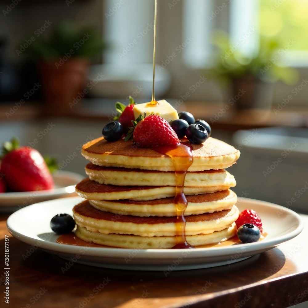 Stack of pancakes with fresh berries, butter, and syrup on white plate, kitchen setting with window in background Stack of pancakes with fresh berries, butter, and syrup on white plate, kitchen setting with window in background