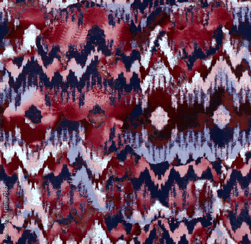 Crimson indigo ikat pattern. Seamless, bold abstract with ethnic ikat influences. Perfect for fabric, prints, & more.