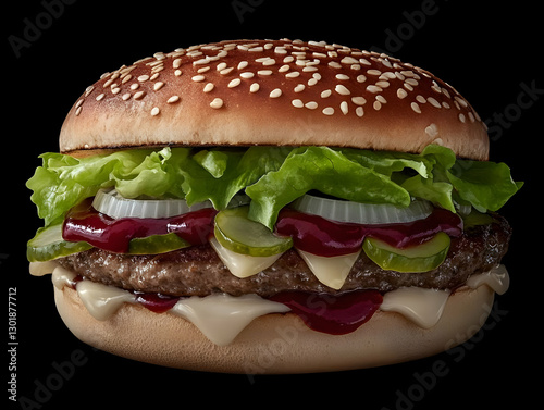 Realistic Photo Hamburger Lettuce Onion Pickle Cheese Patty Sauce Sesame Seed Bun