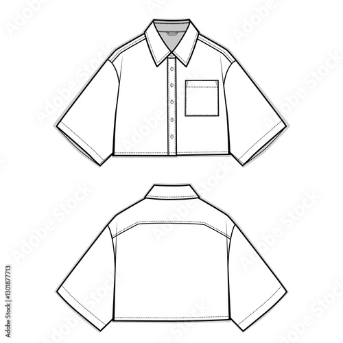Women's Oversized Crop Wide Sleeve Button Down Shirt Design Flat Sketch png Files