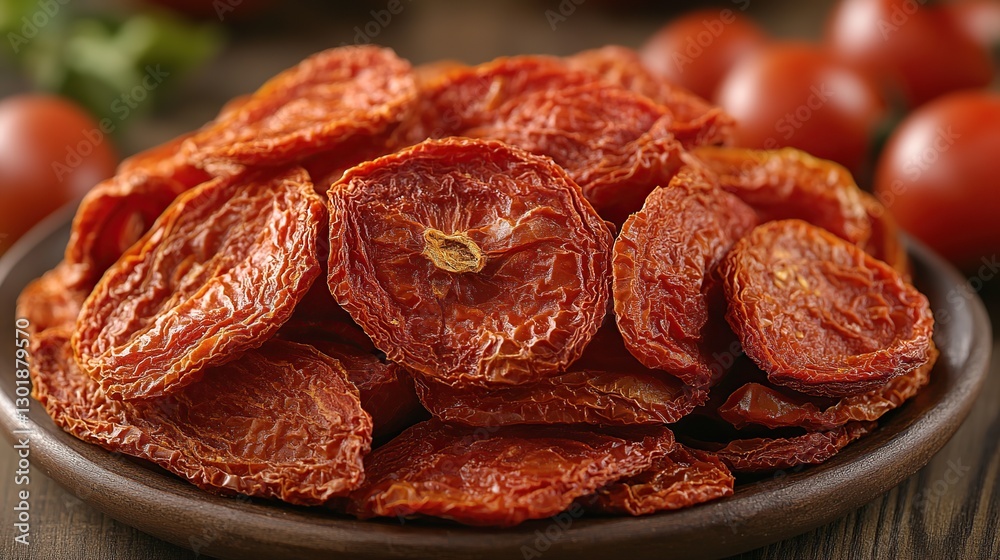 Sun-dried tomato slices piled on plate, fresh tomatoes in background, wooden table Sun-dried tomato slices piled on plate, fresh tomatoes in background, wooden table