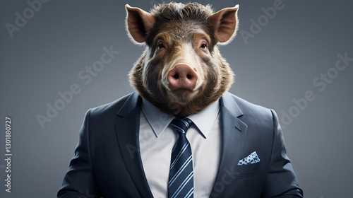 Business concept depicting an anthropomorphic boar wearing a suit and a tie. Stock, humanized. photo