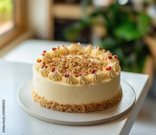 Wallpaper Mural Beautiful vanilla cake sitting on a counter on a white plate with bokeh house and houseplant in the background and warm sunlight Torontodigital.ca