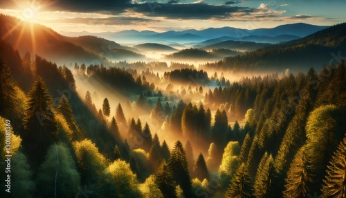 Golden sunrise illuminating misty coniferous forest in mountain valley