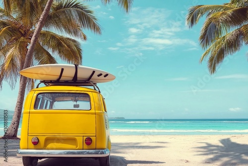 Fototapeta Naklejka Na Ścianę i Meble -  Rear of vintage car parked on the tropical beach with a surfboard on the roof Leisure trip in the summer. retro color effect