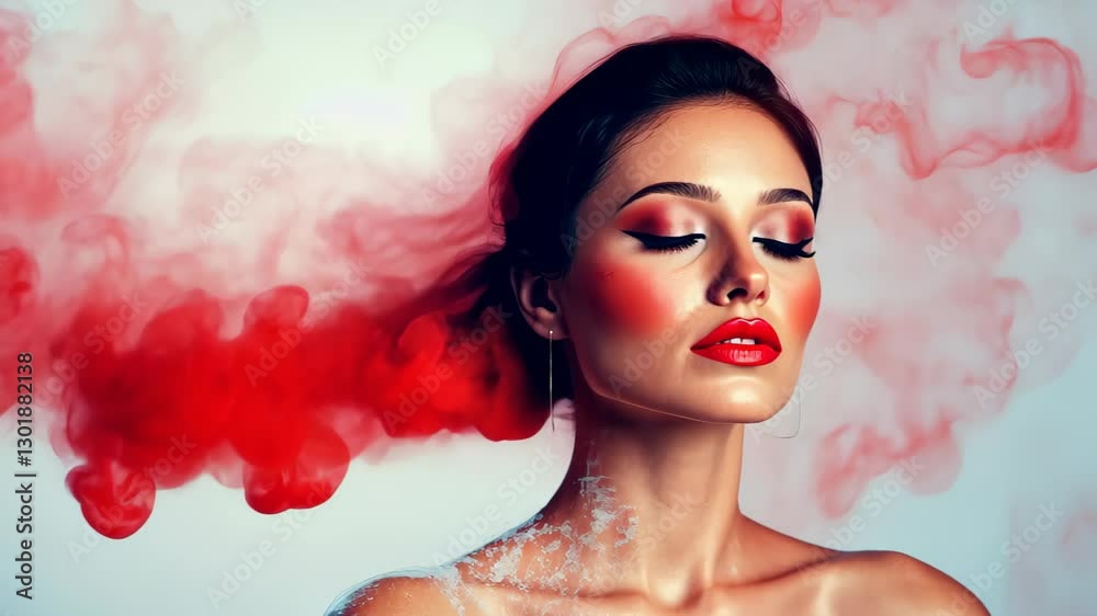 ADHD energy into creative expression Abstract depiction of an artist channeling. Side profile of a woman with a vibrant red cloud emanating from her head on a pale blue background.