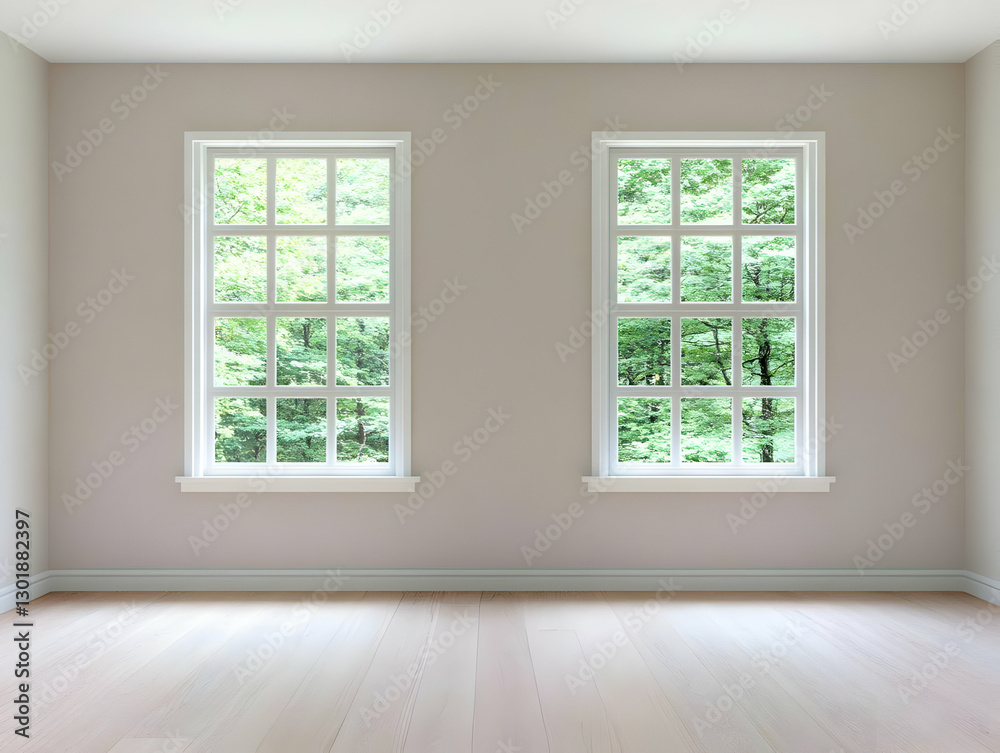 Fototapeta premium Illustration - Empty Room, Wood Floor, Windows, Nature View