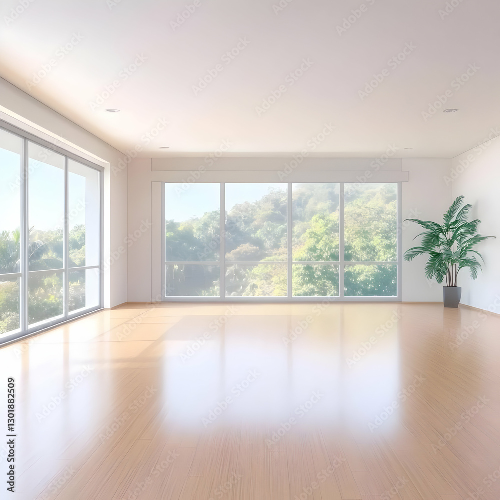 Fototapeta premium 3D Illustration Empty Room Interior Design Hardwood Floor Window View Green Trees Plant Pot