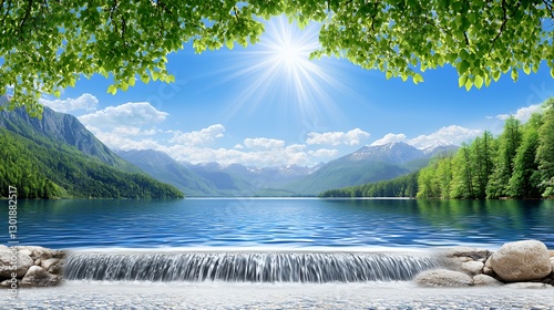 Serene Mountain Lake Landscape with Sunny Sky