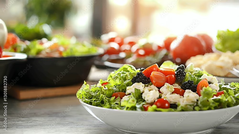 Fresh Salad with Berries and Cheese in a White Bowl Fresh Salad with Berries and Cheese in a White Bowl