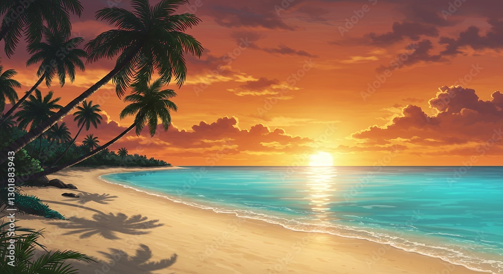 Obraz premium Sunset Palm Tree Beach with Golden Light Reflecting on the Water