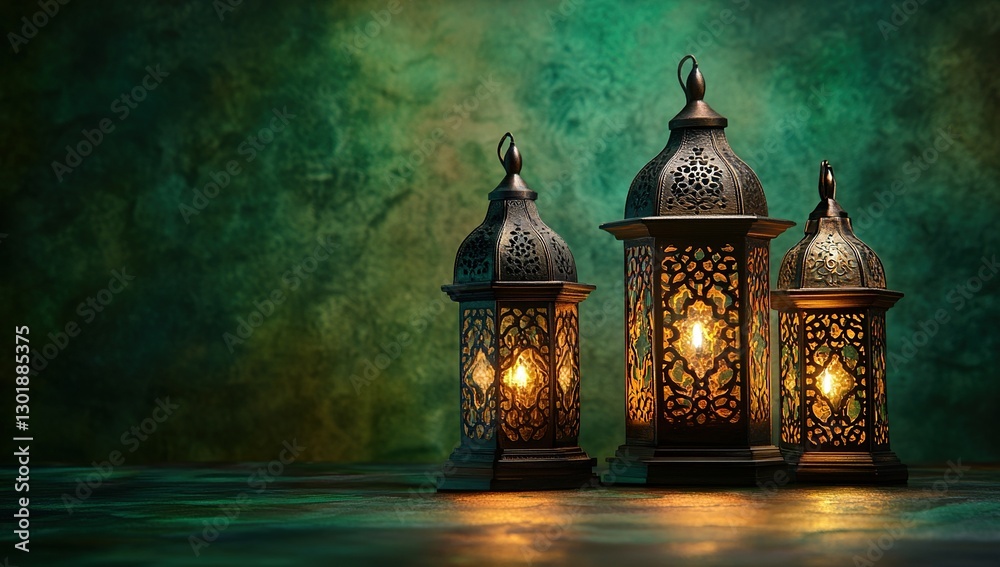 Fototapeta premium Ornate Metal Lanterns Glowing on Dark Green Background