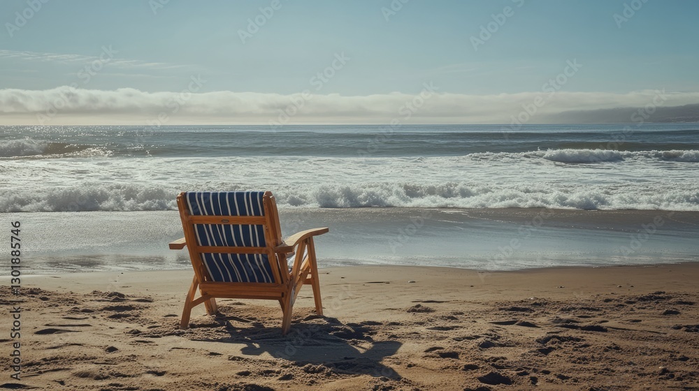 A beachside lounge chair with water-repelling fabric upholstery. A beachside lounge chair with water-repelling fabric upholstery.