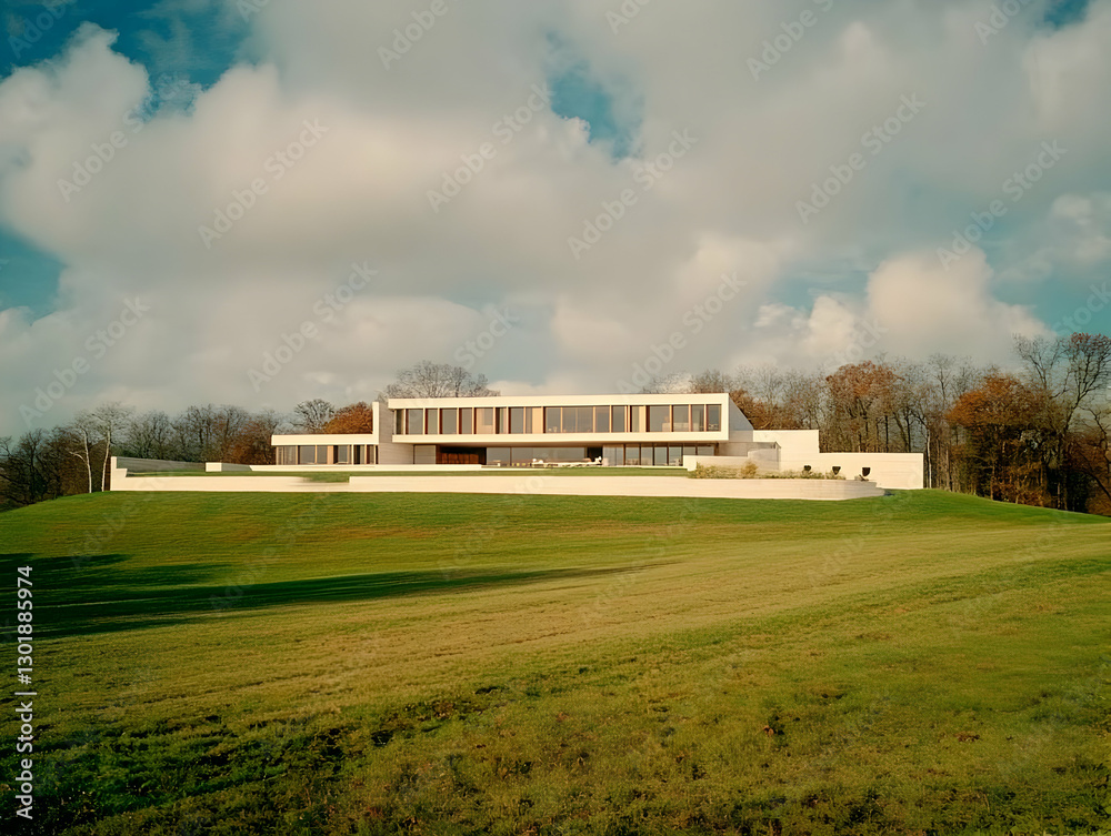Obraz premium Photo Modern House Green Grass Field Trees Clouds Blue Sky Landscape Architecture