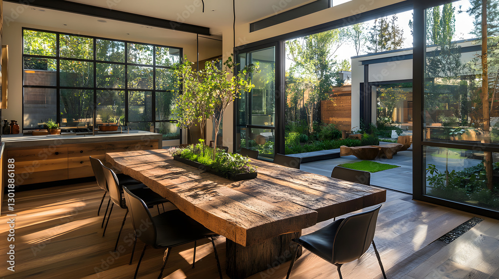 Fototapeta premium Modern Farmhouse Dining Room with Expansive Garden Views