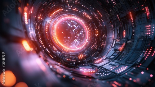 Fototapeta Naklejka Na Ścianę i Meble -  Futuristic Abstract Tunnel with Bright Neon Lights and Depth Effect