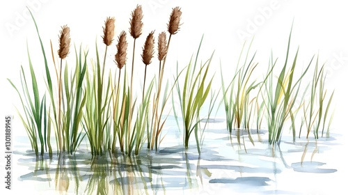 Watercolor hand drawn illustration of reed cattail typhus in a water river. Flora of rivers and swamps
 photo