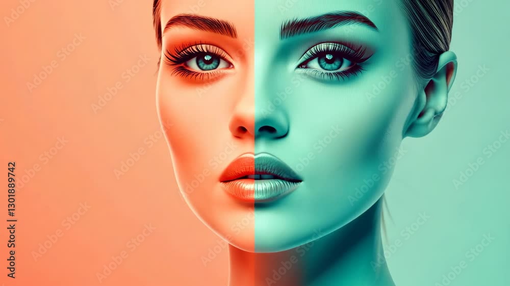 Asymmetrical Face Illustrations Highlighting Beauty in Split Colors and Symmetry with a Modern, Vibrant Design and Pastel Aesthetic for Contemporary Art Concepts and Visual Appeal