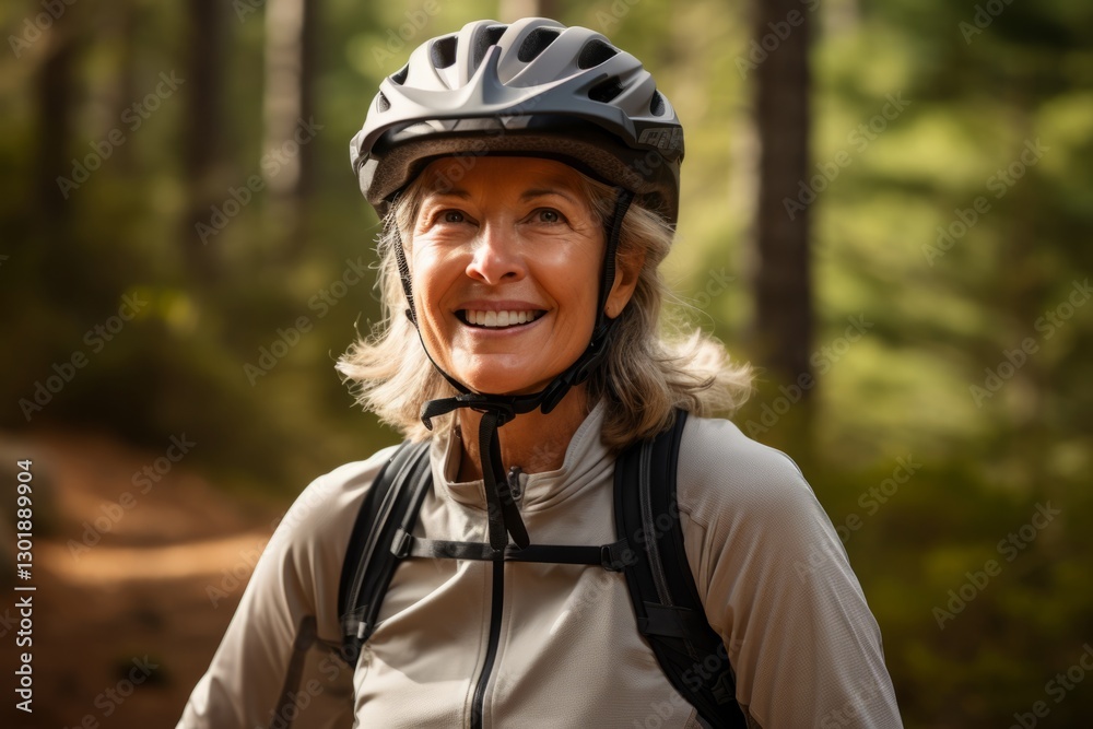 Portrait of smiling senior woman with bicycle helmet in the forest. Portrait of smiling senior woman with bicycle helmet in the forest.