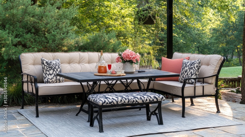 Fototapeta premium A patio dining set with comfortable, durable fabric cushions.