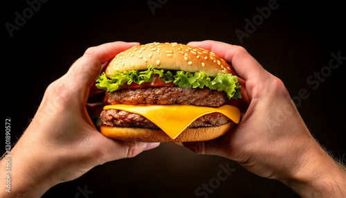 Obraz na płótnie hands holding a hamburger w salonie