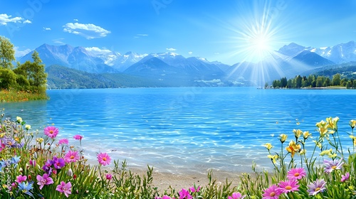 Serene Summer Landscape: Blue Lake, Bright Sun, and Colorful Flowers
