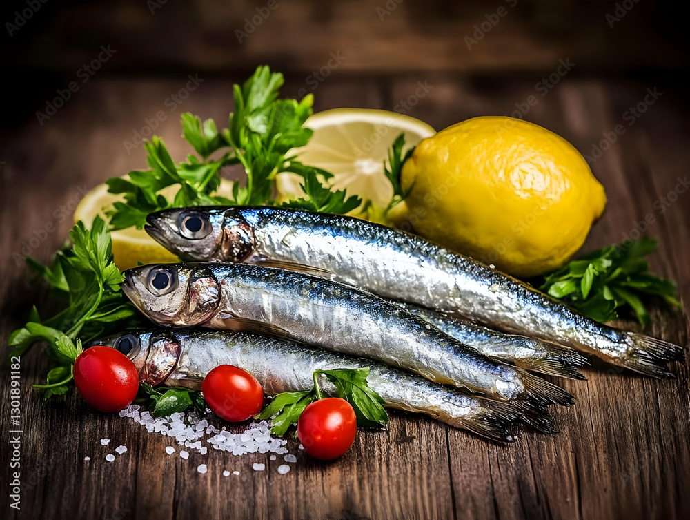Photo Fresh Fish, Lemon, Parsley, Tomatoes, Salt on Wood