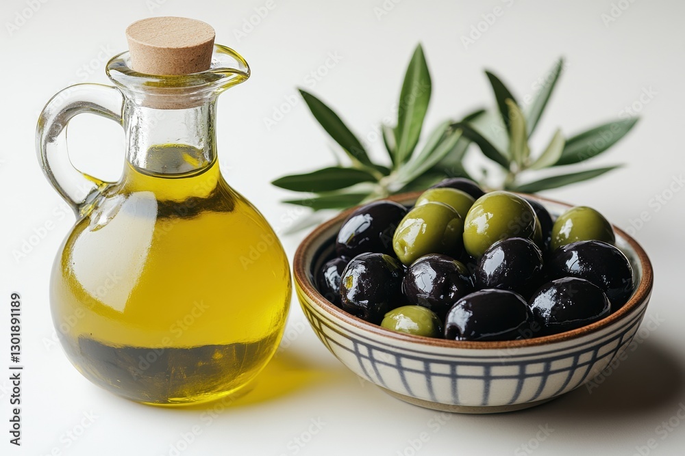 Olive oil and fresh olives on a white background with greenery. Olive oil and fresh olives on a white background with greenery.