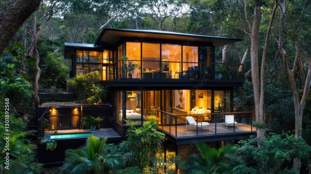 A sustainable home design with large north-facing windows. A sustainable home design with large north-facing windows.